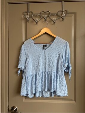 Versona Light Blue Textured Peplum Blouse with Tie Sleeves